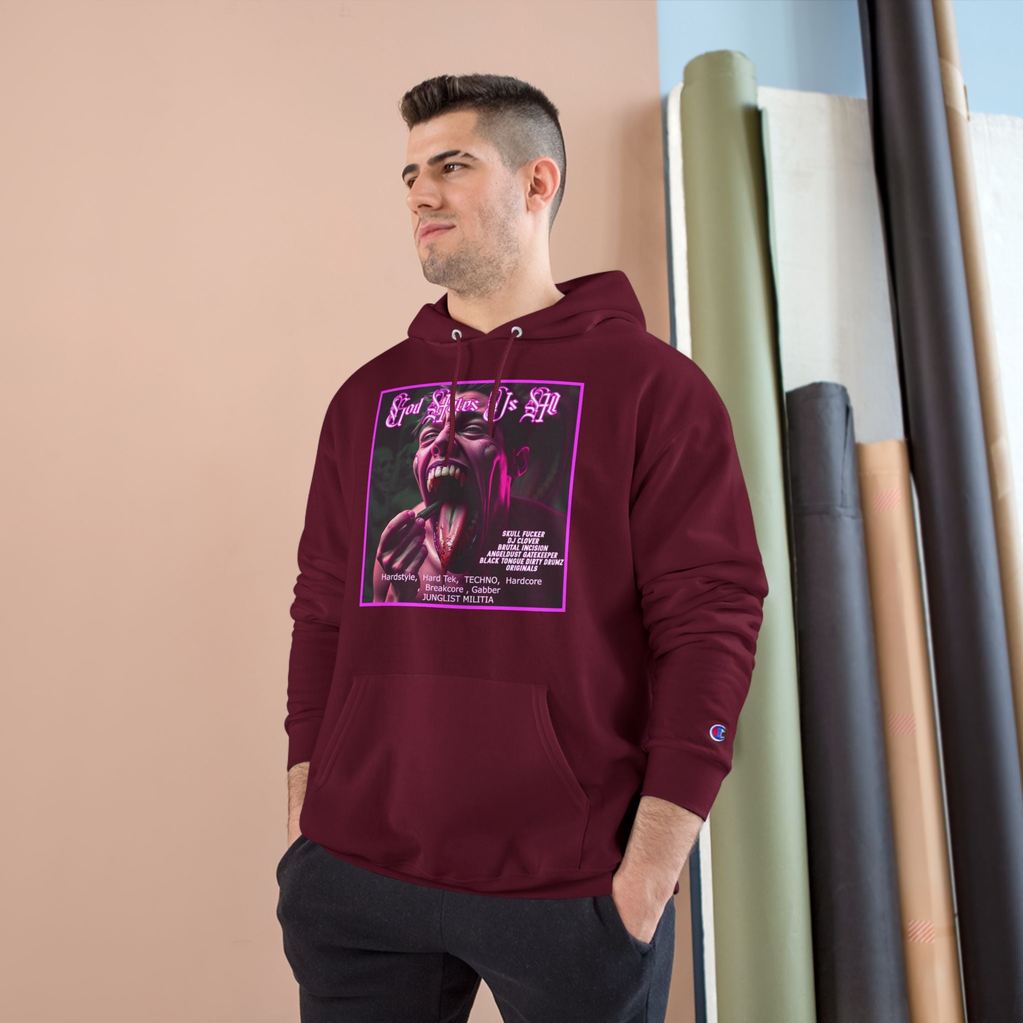 Champion Hoodie- GOD HATES US ALL -JUNGLIST MILITIA  dj Clover, Brutal Incision, AngelDust GateKeeper ORIGINALS  Hardstyle,  Hard Tek,  TECHNO,  Hardcore ,  Breakcore , Gabber JUNGLIST MILITIA