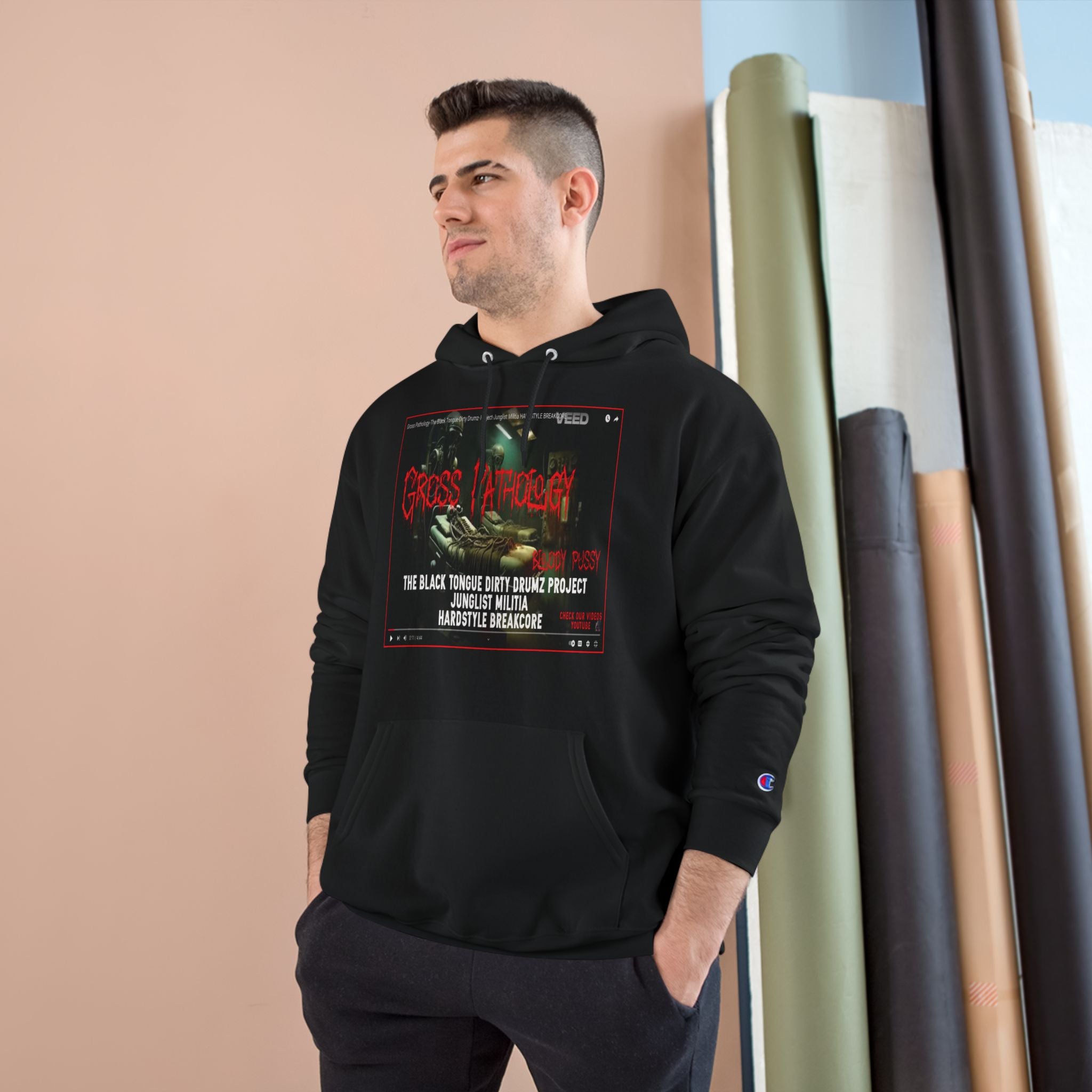 Champion Hoodie-Gross Pathology Bloody Pussy-The Black Tongue-Dirty Drumz- Project-Junglist Militia HARDSTYLE BREAKCORE
