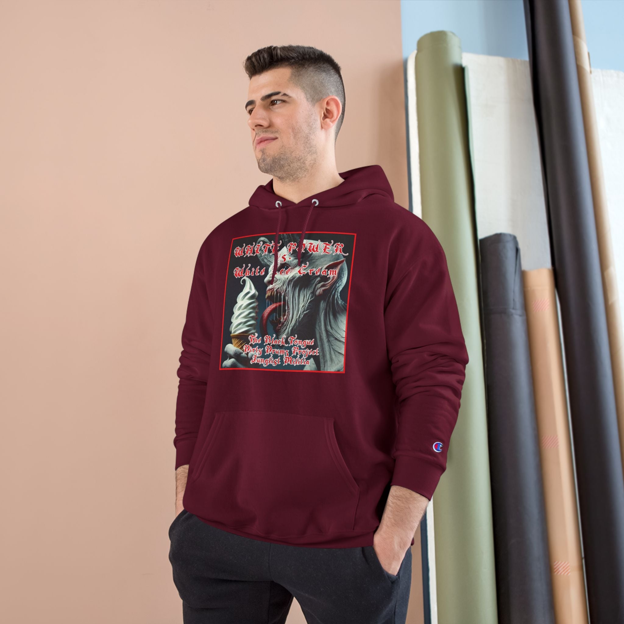 Champion Hoodie- White Power vs. White Ice Cream- The Black Tongue-Dirty Drumz- Project-Junglist Militia