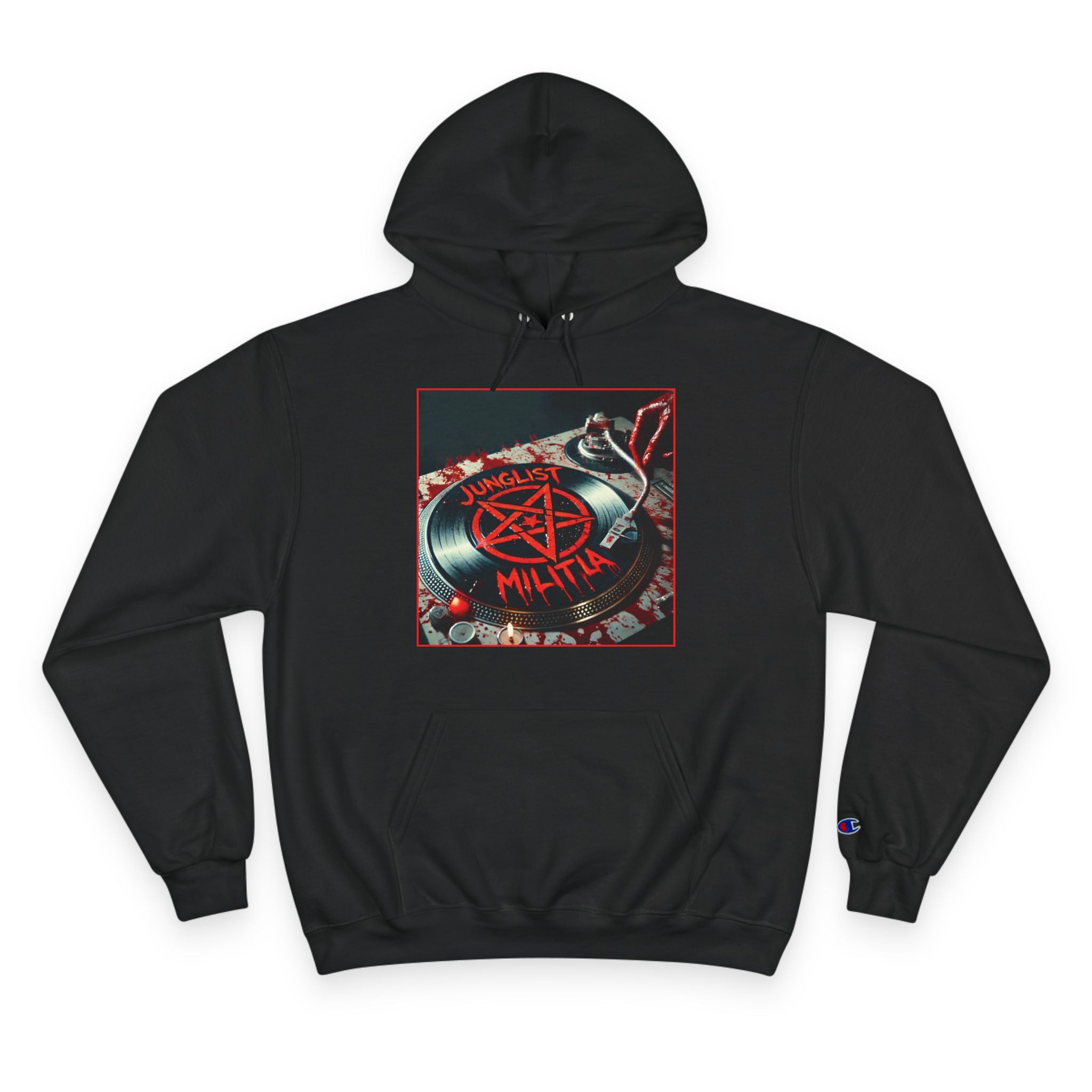 Champion Hoodie- JUNGLIST MILITIA Blood Soaked Pentagram Turntable