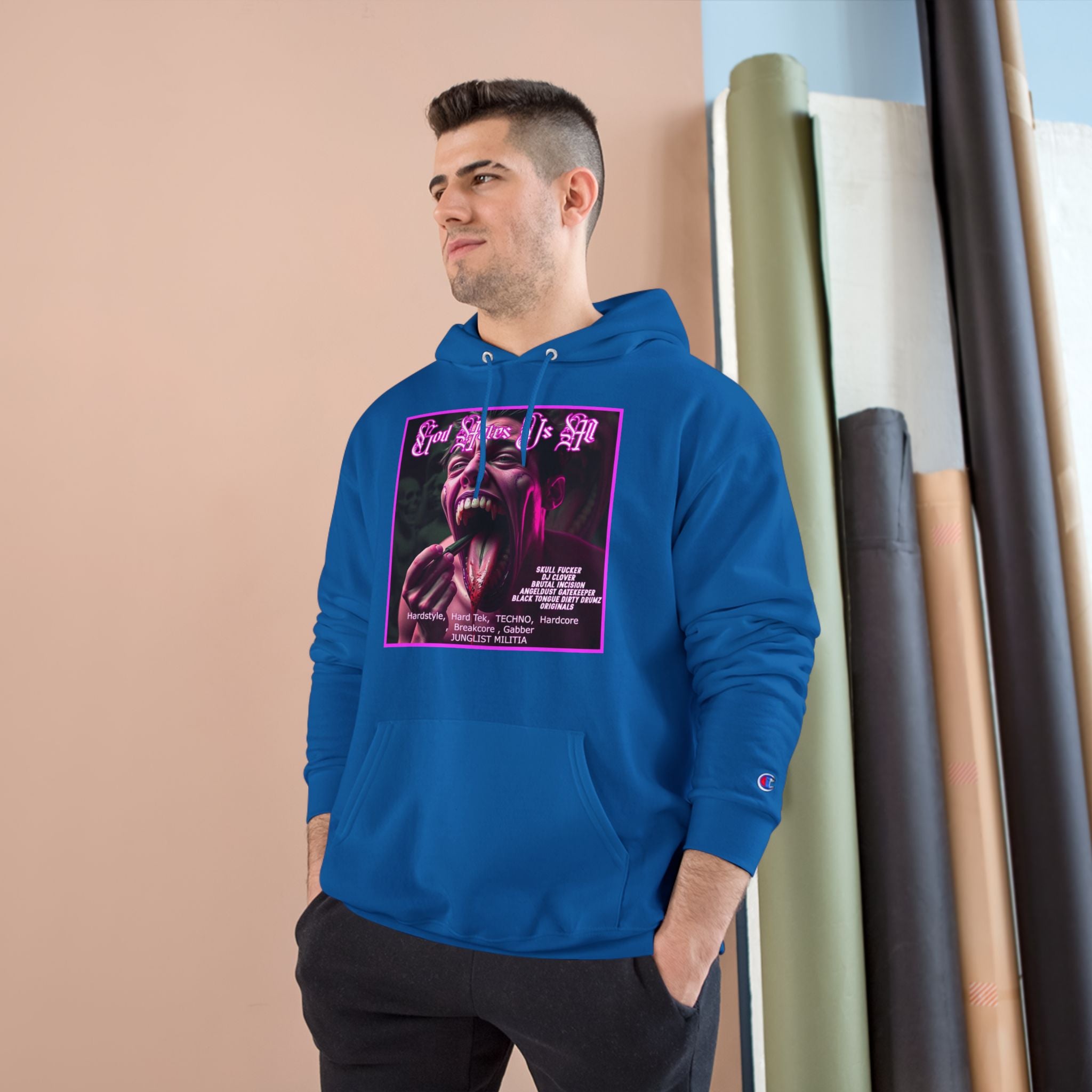 Champion Hoodie- GOD HATES US ALL -JUNGLIST MILITIA  dj Clover, Brutal Incision, AngelDust GateKeeper ORIGINALS  Hardstyle,  Hard Tek,  TECHNO,  Hardcore ,  Breakcore , Gabber JUNGLIST MILITIA