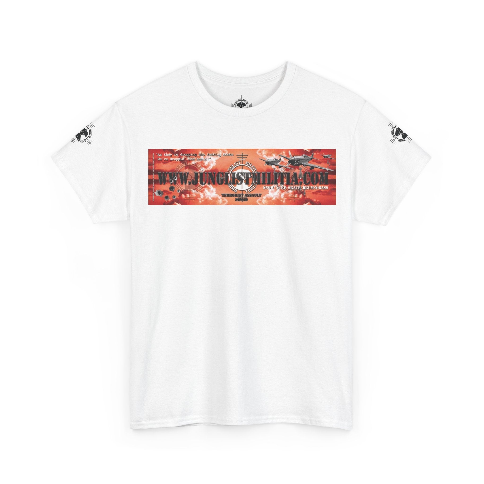 Droppin Beats Junglist Militia Bomb Threat 1st gen Logo Unisex Heavy Cotton Tee