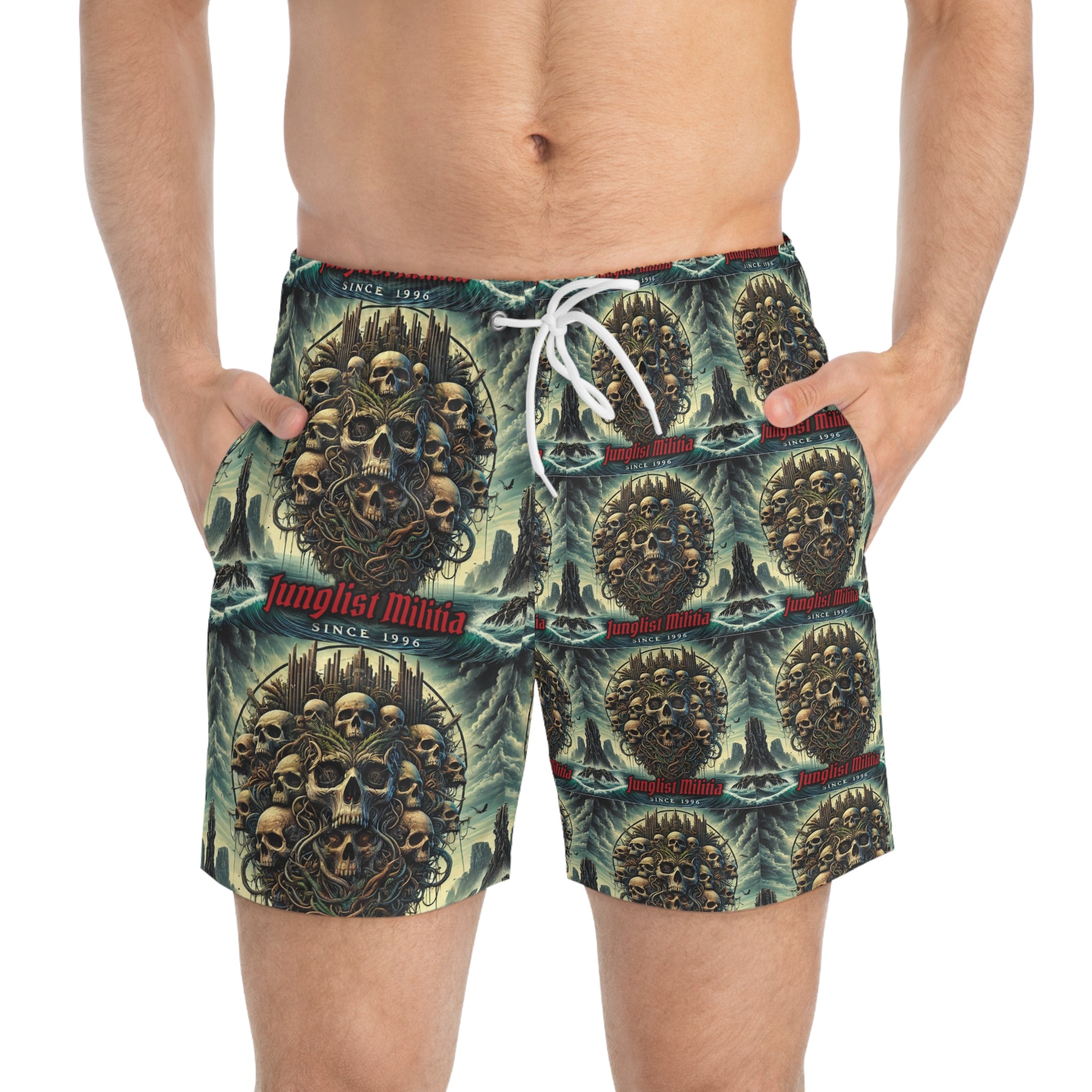 Pirate Skullz-Swim Trunks (AOP) Junglist Militia Since 1996