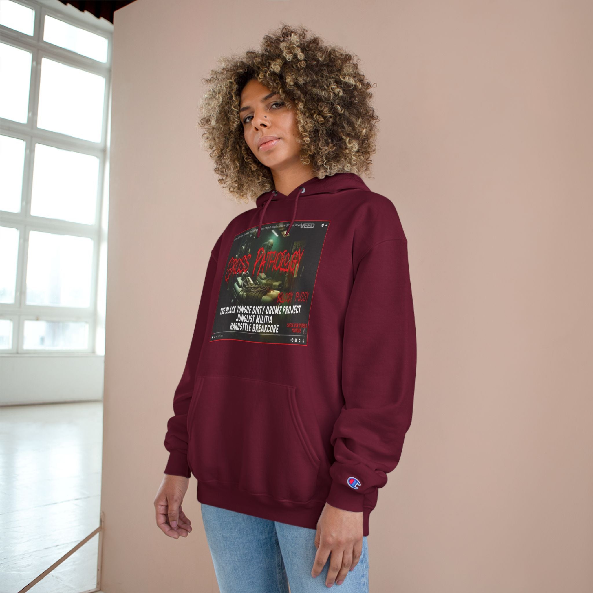 Champion Hoodie-Gross Pathology Bloody Pussy-The Black Tongue-Dirty Drumz- Project-Junglist Militia HARDSTYLE BREAKCORE