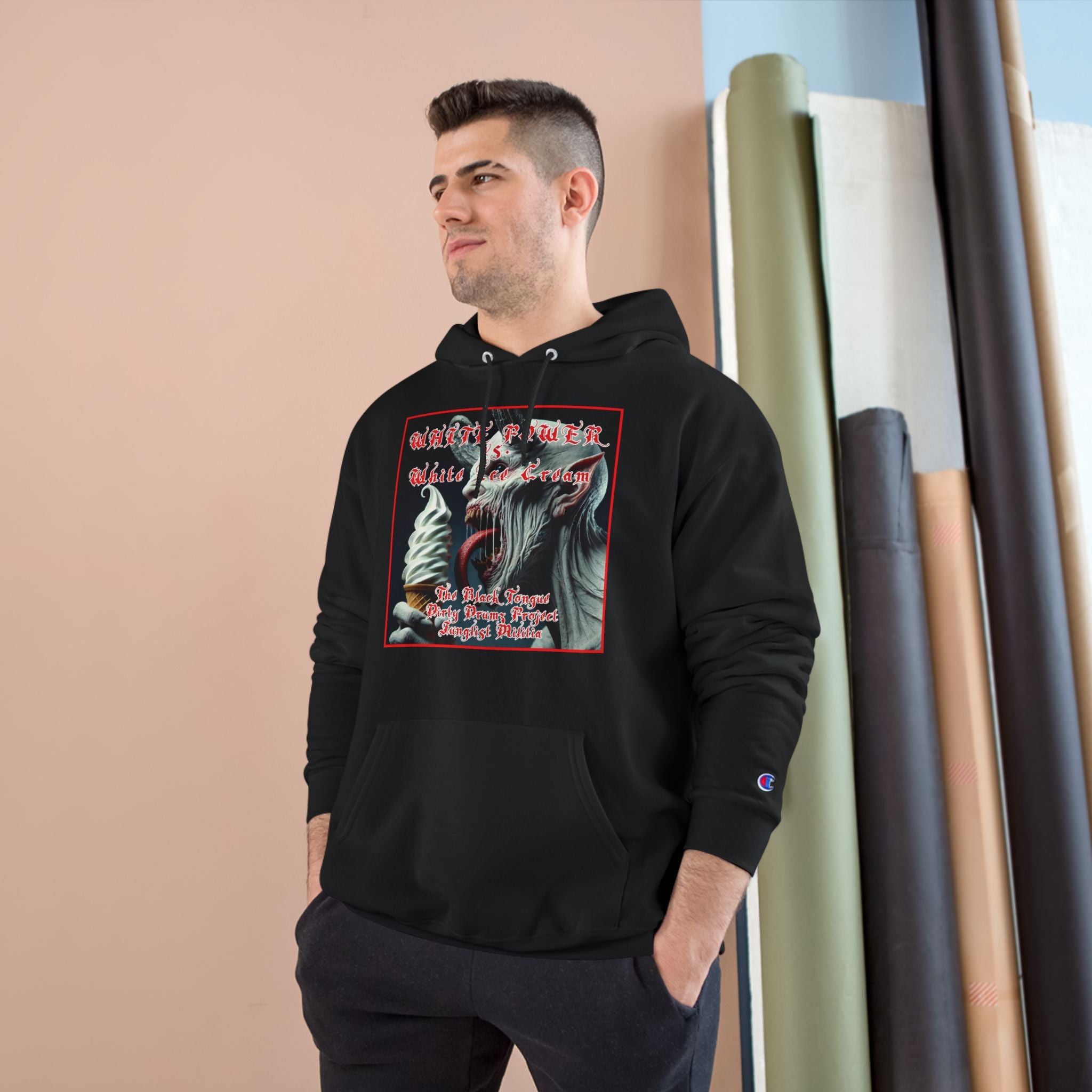 Champion Hoodie- White Power vs. White Ice Cream- The Black Tongue-Dirty Drumz- Project-Junglist Militia