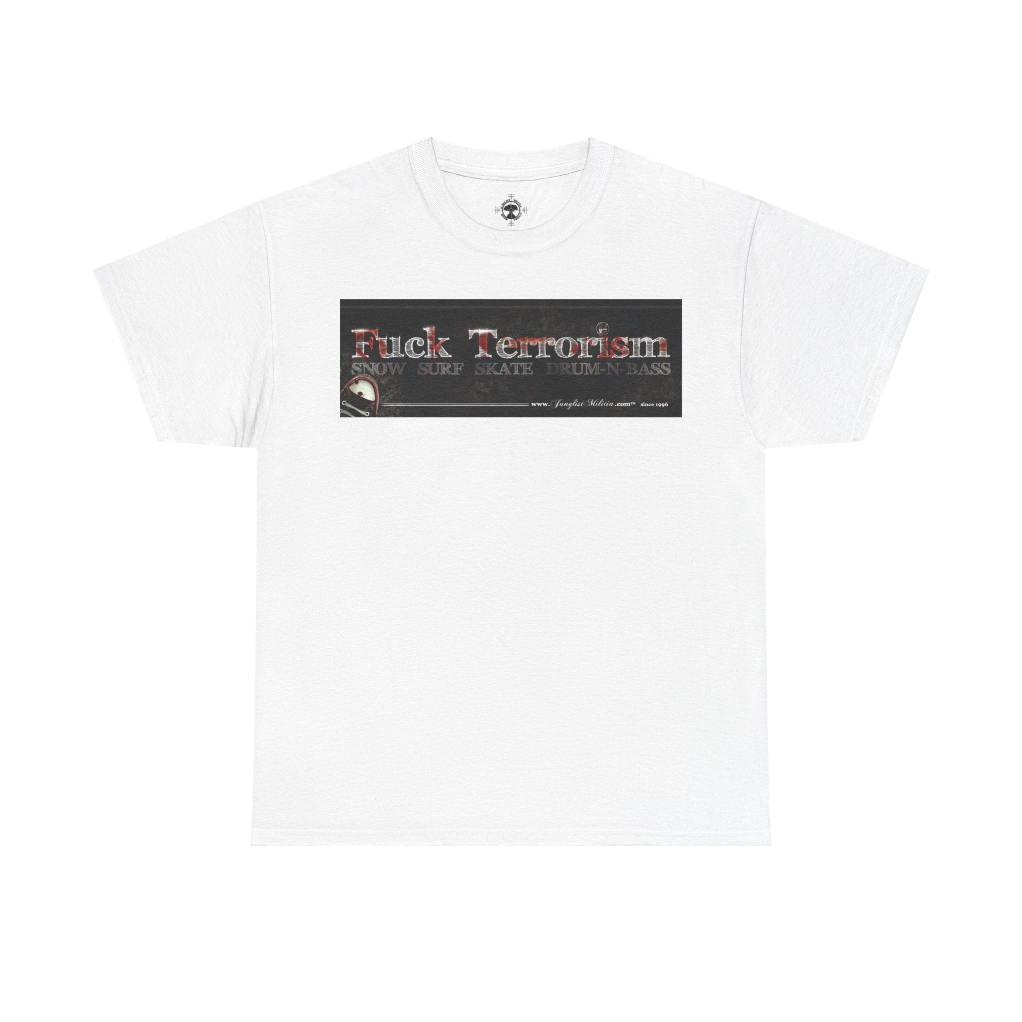 Fuck Terrorism 1st gen. Bomb Threat Logo - Unisex Heavy Cotton Tee - Junglist Militia Since 1996