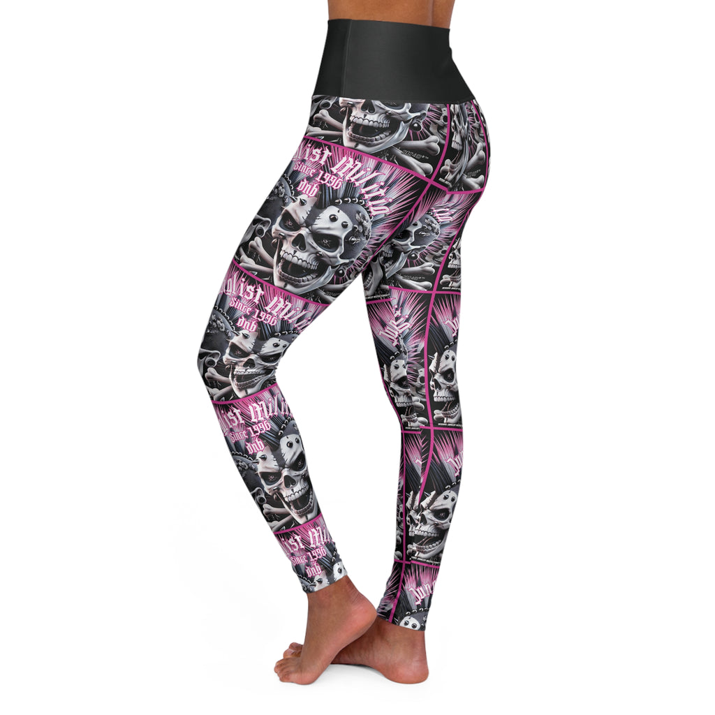 High Waisted Yoga Leggings - Pink Punk Skullz For Women - Junglist Militia Since 1996 dnb