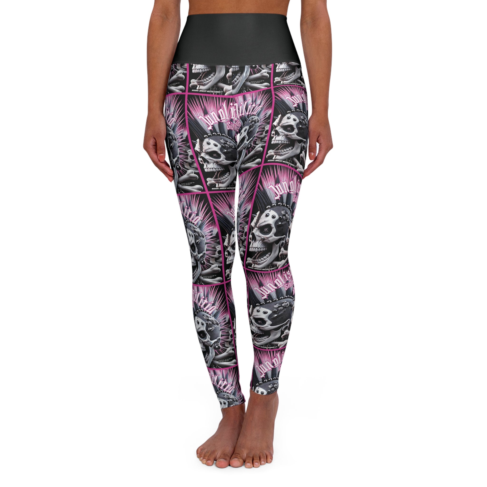 High Waisted Yoga Leggings - Pink Punk Skullz For Women - Junglist Militia Since 1996 dnb