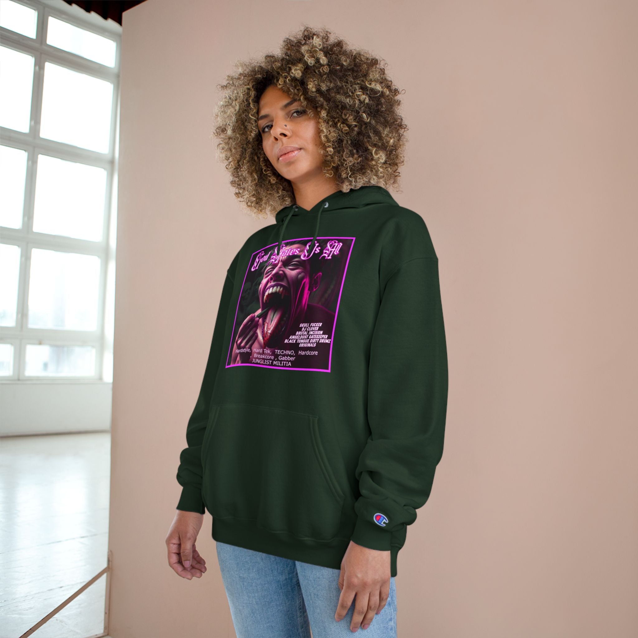 Champion Hoodie- GOD HATES US ALL -JUNGLIST MILITIA  dj Clover, Brutal Incision, AngelDust GateKeeper ORIGINALS  Hardstyle,  Hard Tek,  TECHNO,  Hardcore ,  Breakcore , Gabber JUNGLIST MILITIA