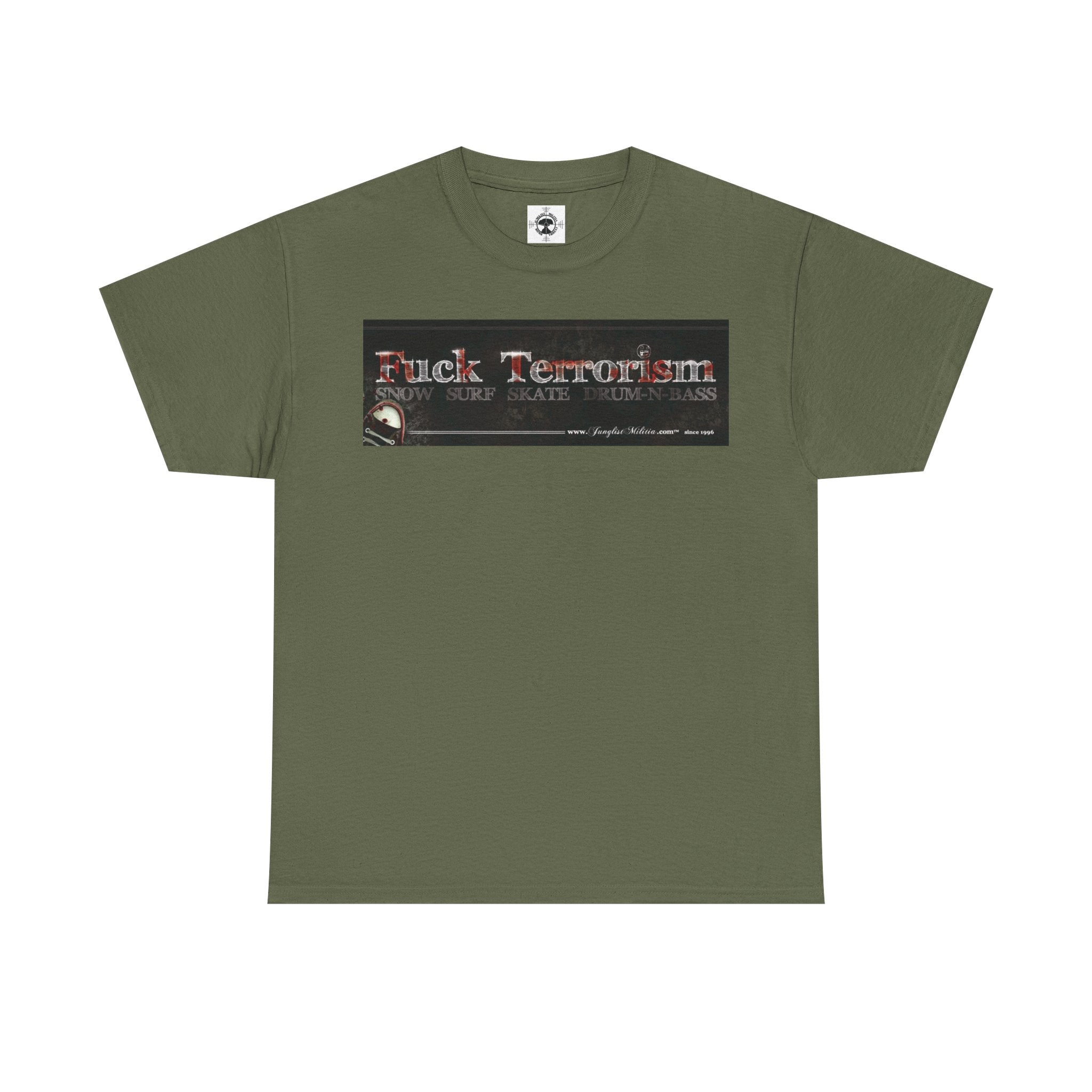 Fuck Terrorism 1st gen. Bomb Threat Logo - Unisex Heavy Cotton Tee - Junglist Militia Since 1996
