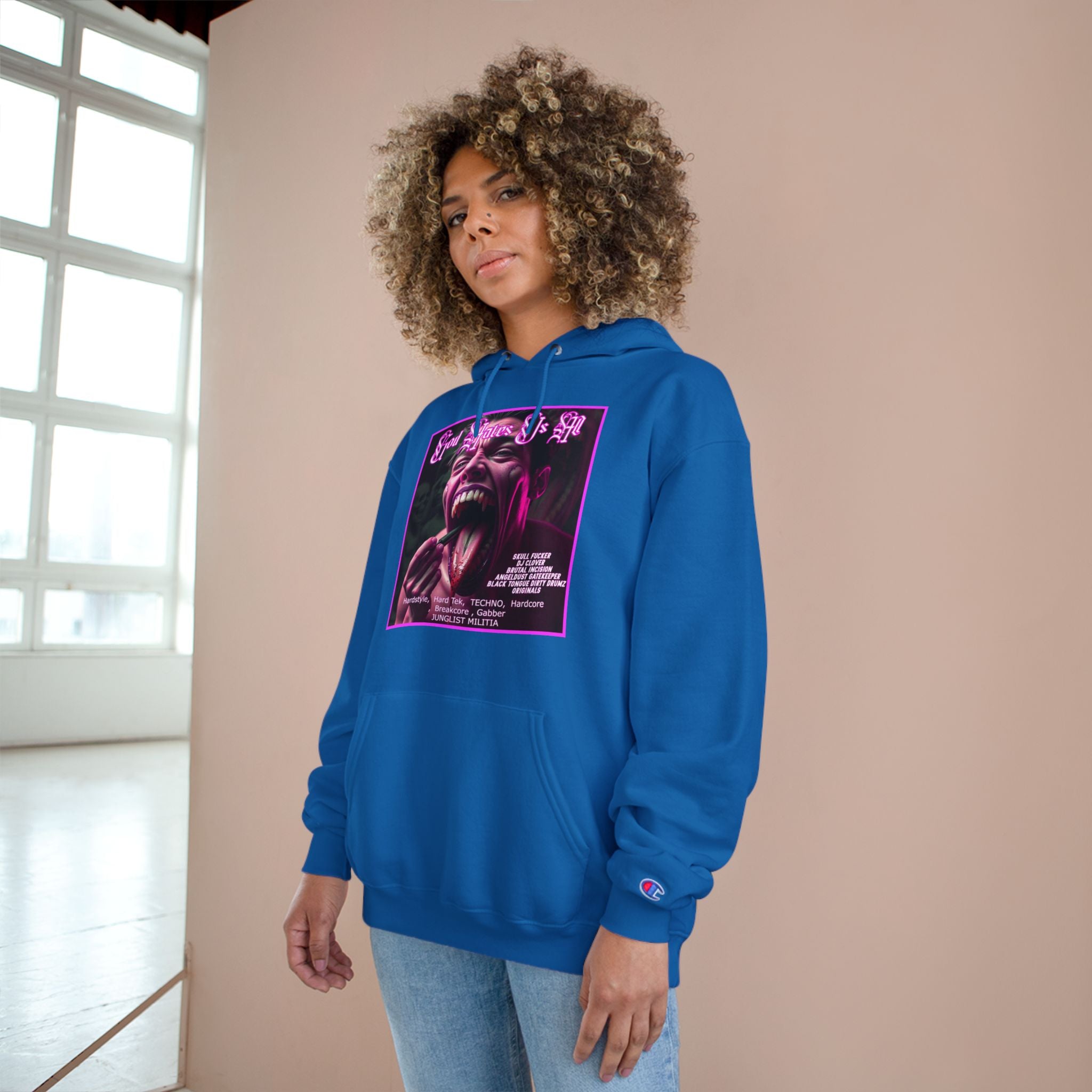 Champion Hoodie- GOD HATES US ALL -JUNGLIST MILITIA  dj Clover, Brutal Incision, AngelDust GateKeeper ORIGINALS  Hardstyle,  Hard Tek,  TECHNO,  Hardcore ,  Breakcore , Gabber JUNGLIST MILITIA