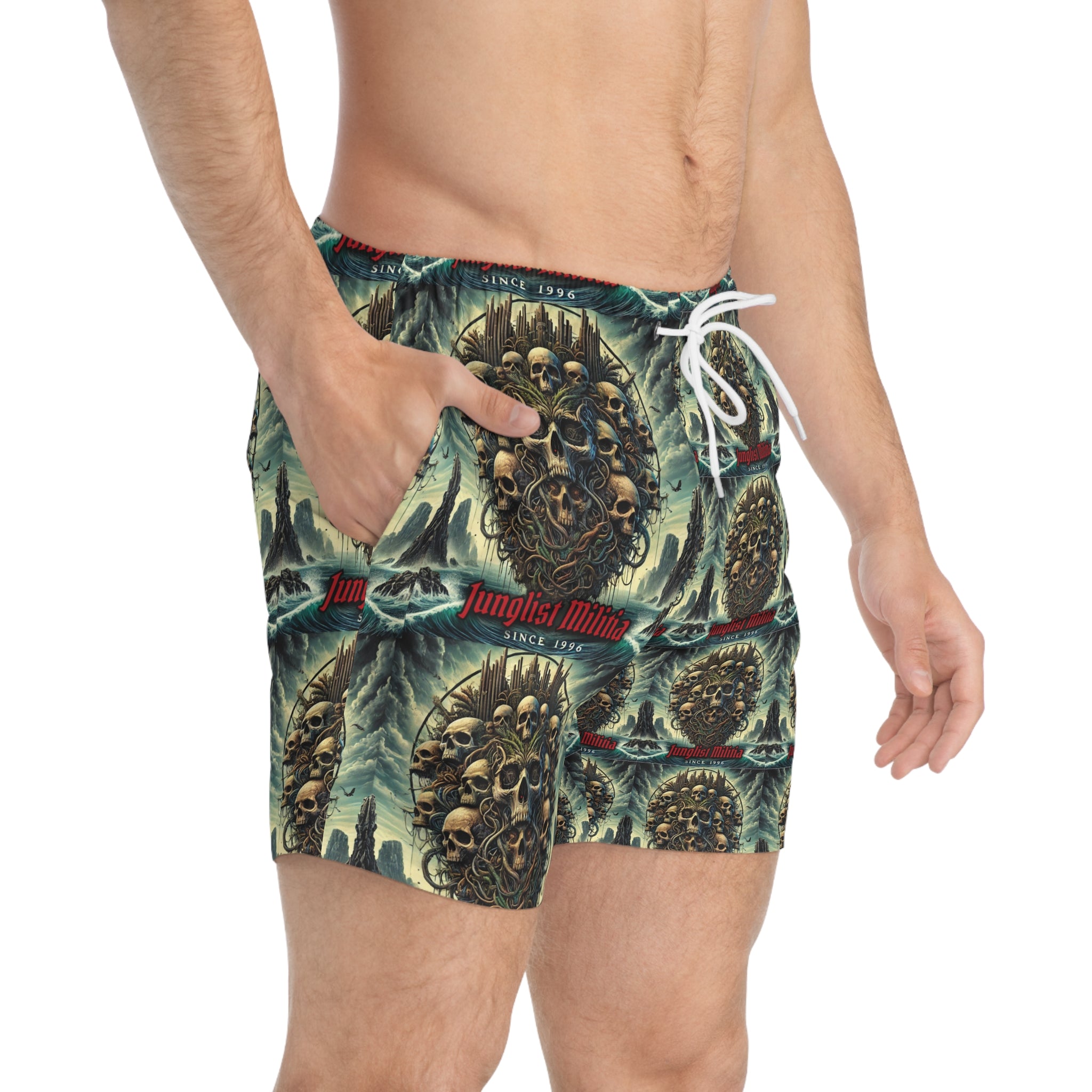 Pirate Skullz-Swim Trunks (AOP) Junglist Militia Since 1996