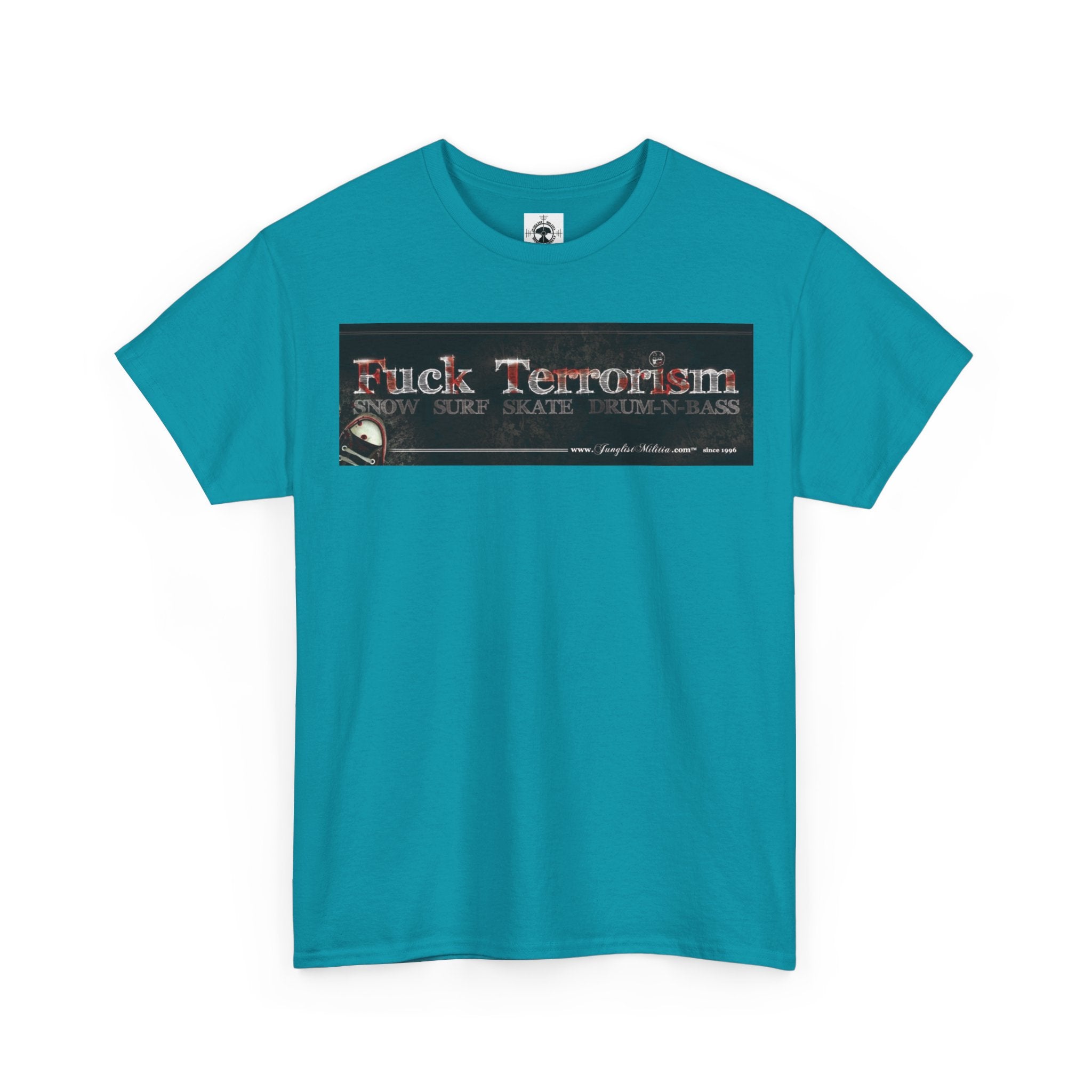 Fuck Terrorism 1st gen. Bomb Threat Logo - Unisex Heavy Cotton Tee - Junglist Militia Since 1996