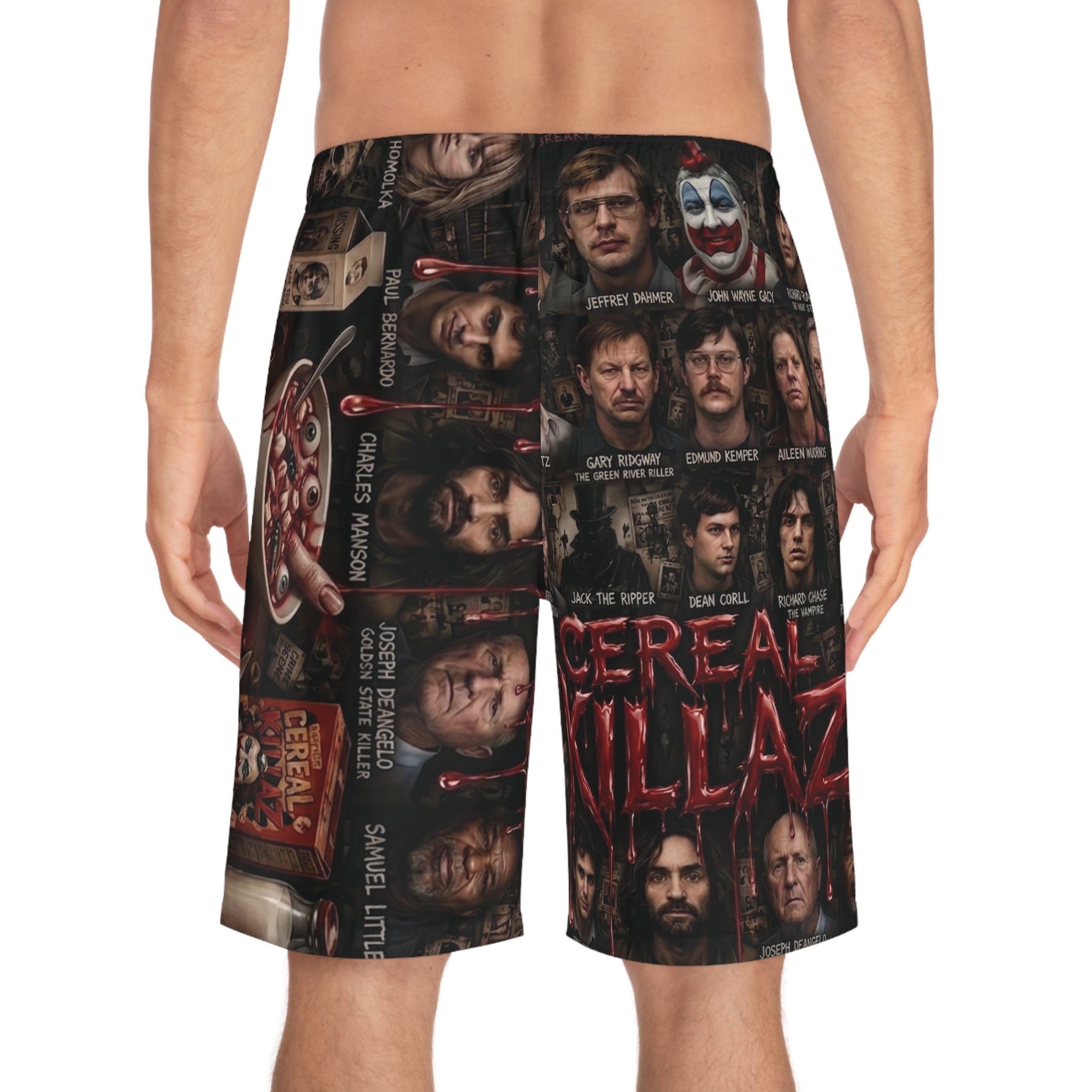 CEREAL KILLAZ™ Unisex All-Over Print Board Shorts | True Crime Horror Streetwear Beach Shorts