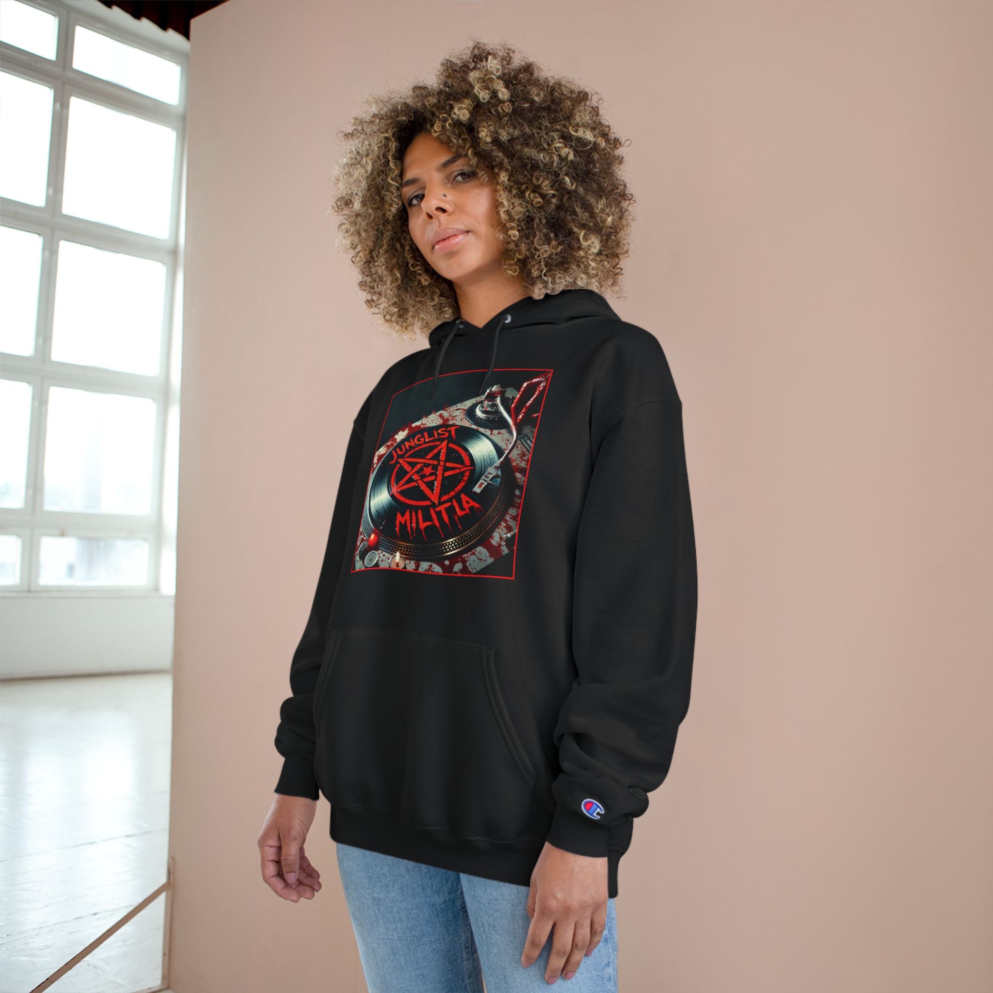 Champion Hoodie- JUNGLIST MILITIA Blood Soaked Pentagram Turntable