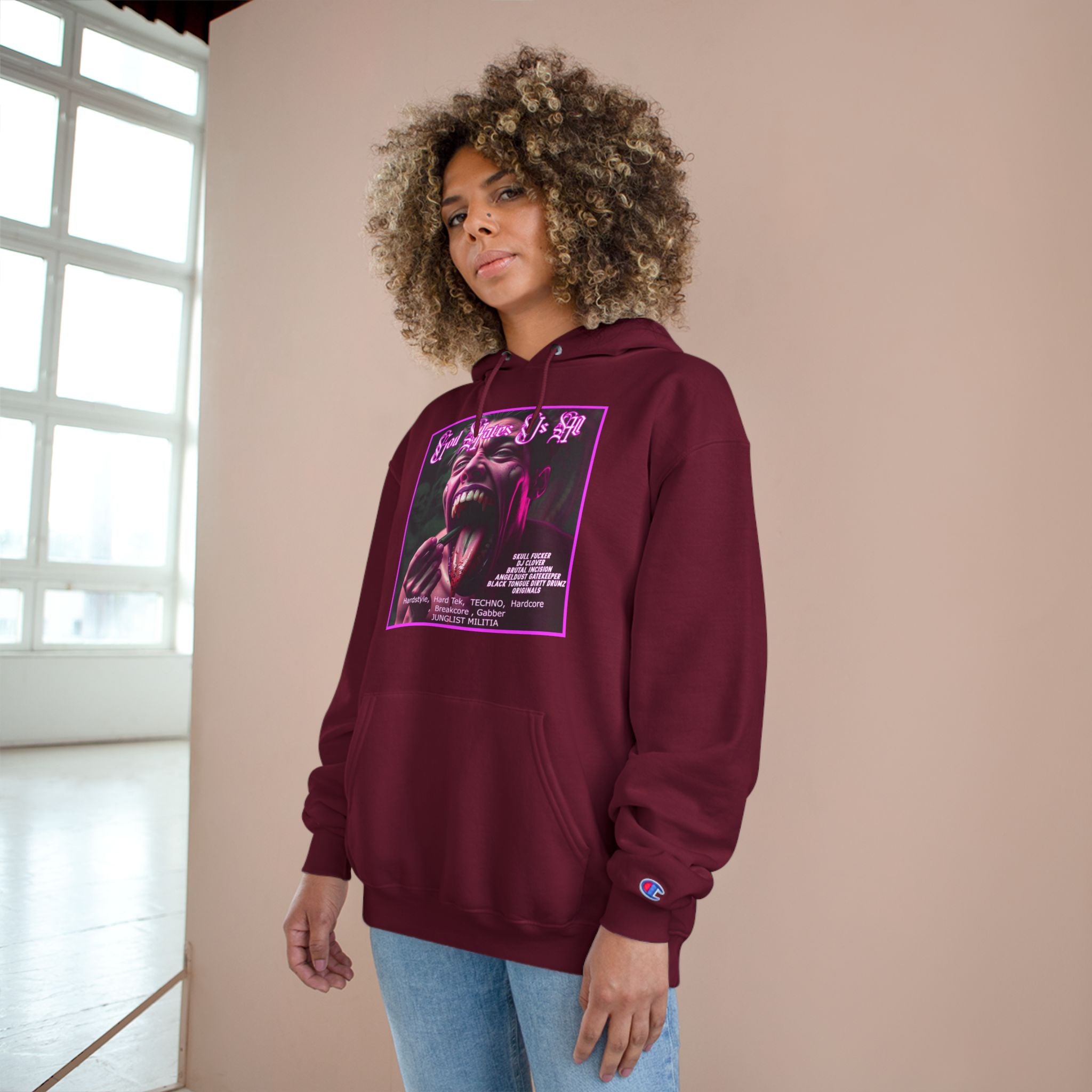 Champion Hoodie- GOD HATES US ALL -JUNGLIST MILITIA  dj Clover, Brutal Incision, AngelDust GateKeeper ORIGINALS  Hardstyle,  Hard Tek,  TECHNO,  Hardcore ,  Breakcore , Gabber JUNGLIST MILITIA